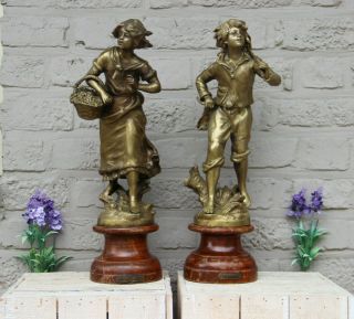 Antique Pair Bronze Statue Figurine By L F Moreau Signed Wood Base