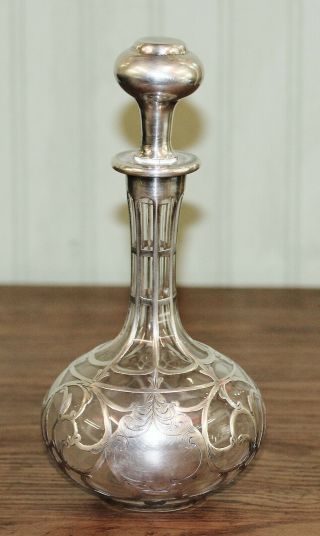 Antique Sterling Silver Overlay Art Nouveau Glass Decanter Bottle