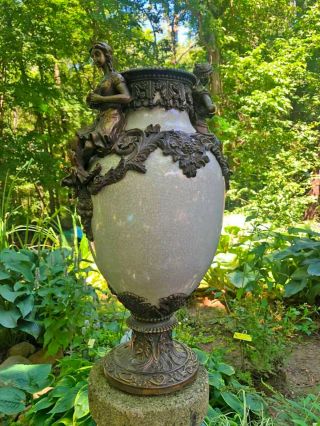Vintage Art Nouveau Figural Brass/bronze Glazed Vase Heavy Large Garden Art