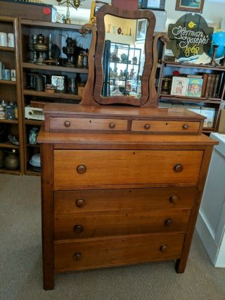 Vintage Antique High Boy Wood Oak 6 Drawer Dresser With Mirror