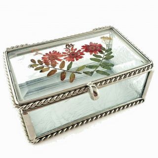 Small Glass Trinket / Jewelry Box Floral Flowers Vintage