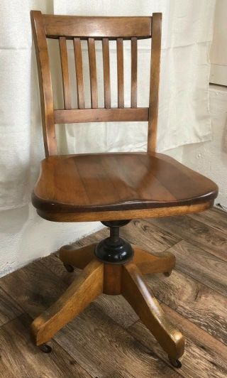 Vtg Antique Oak Wood Banker Chair Office Solid Wood Swivel Allen Chair Co Mass