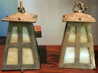 Antique Arts & Crafts / Mission Copper & Slag Glass Hanging Lamps Lanterns,  1900