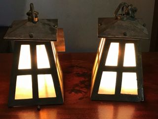 ANTIQUE ARTS & CRAFTS / MISSION COPPER & SLAG GLASS HANGING LAMPS LANTERNS,  1900 2