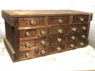 Antique 18 Drawer Wooden Crate Apothecary File Hardware Cabinet Glass Pull Vtg