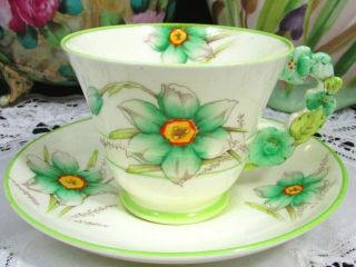 Paragon Green Floral Flower Handle Art Deco Tea Cup And Saucer