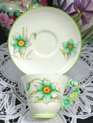 PARAGON GREEN FLORAL FLOWER HANDLE ART DECO TEA CUP AND SAUCER 2