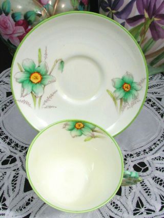 PARAGON GREEN FLORAL FLOWER HANDLE ART DECO TEA CUP AND SAUCER 3