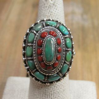 Vintage Sterling Silver Turquoise And Coral Statement Ring