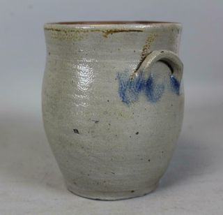 VERY RARE 19TH C MINIATURE BLUE DECORATED STONEWARE OVOID CROCK GREAT EARLY FORM 2