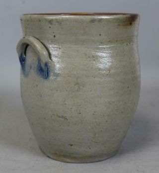 VERY RARE 19TH C MINIATURE BLUE DECORATED STONEWARE OVOID CROCK GREAT EARLY FORM 3