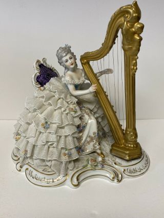 Large Dresden Lace Figurine,  Lady Playing The Harp