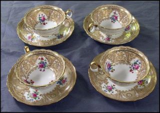 Set 4 Tea Cups & Saucers Cauldon Ltd Brown - Westhead Moore Tiffany 640003 Gold