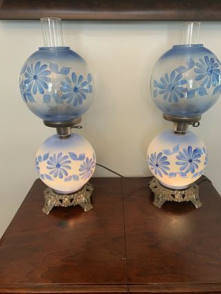Blue Flowers Gone With The Wind Hurricane Parlor Lamp Pair 2 Globe Hand Painted