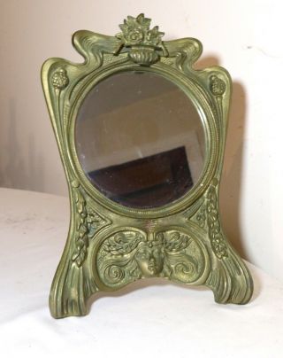 Antique Ornate Art Nouveau Figural Portrait Brass Table Vanity Wall Mirror
