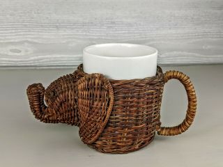 Vintage Wicker Rattan Elephant Coffee Cup Holder Handle With Mug Planter