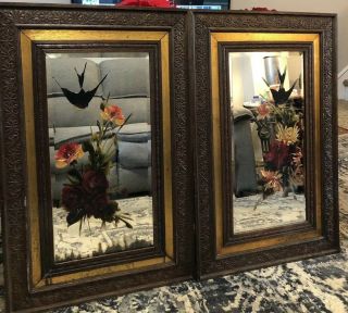 Vtg 2 Beveled Glass Wall Mirror Carved Wood Heavy Hand Painted Flowers Bird Set