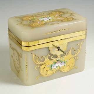 Vintage Bohemian Czech Opaline Glass Box Raised Enamel Flowers & Gold Gilt