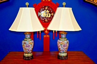 Pair 26/27 " Chinese Vintage Cloisonne Vase Lamps - Asian Oriental Porcelain Enamel
