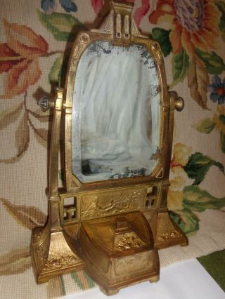 Antique Art Nouveau Lady Standing Pedestal Vanity Table Mirror Jewelry Box Stand
