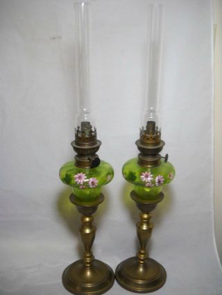 Pair Antique Peg Lamps Green Fonts W/ Hand Painted Enamel Flowers 22 " Tall