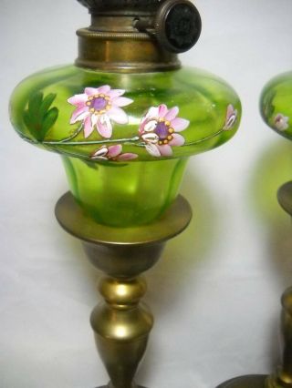 Pair Antique Peg Lamps Green Fonts w/ Hand Painted Enamel Flowers 22 