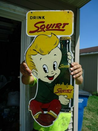 Large Old Vintage 1951 Drink Squirt Porcelain Sign Soda Pop Advertising