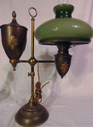Brass Single Arm Student Oil Desk Lamp Sage Green Cased Glass Shade Fleur - De - Lis