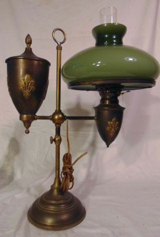 Brass Single Arm Student Oil Desk Lamp Sage Green Cased Glass Shade Fleur - de - lis 2