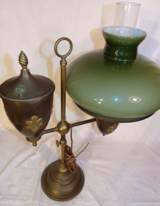 Brass Single Arm Student Oil Desk Lamp Sage Green Cased Glass Shade Fleur - de - lis 3