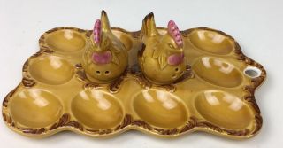 Vintage Deviled Egg Plate With Chicken Salt & Pepper Shakers Yellow
