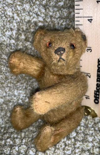 Early Antique 3.  5 " Mohair Jointed Teddy Bear W/old Button In Ear