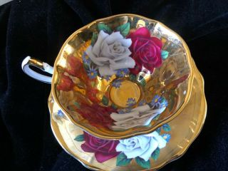 Rare Queen Anne Cup/saucer Red & White Rose/blue Daiseys Set To A Lovely Gold