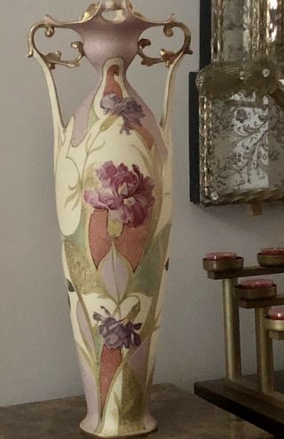 Vintage Art Nouveau Turn Teplitz 18”in Hand Painted Vase Gorgeous