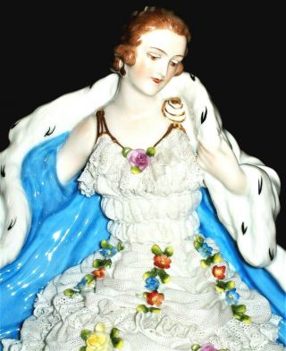 Antique German Dresden Lace Muller Lady Queen In Ermine Coat Porcelain Figurine