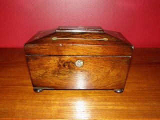 Antique Victorian Rosewood Tea Caddy W/ Mother Of Pearl Inlays & Bun Feet