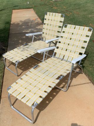 (2) Vintage Aluminum Webbed Folding Chaise Lounge Chair Adjustable Yellow White