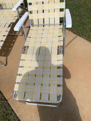 (2) Vintage Aluminum Webbed Folding Chaise Lounge Chair Adjustable Yellow White 2