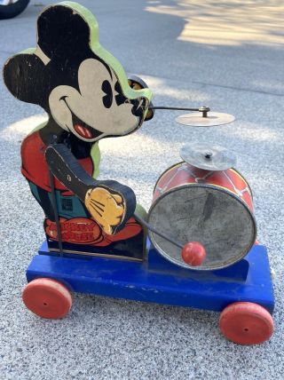 Very Rare 1 Yr 1937 Vintage Fisher Price Disney Mickey Mouse Drummer Pull Toy