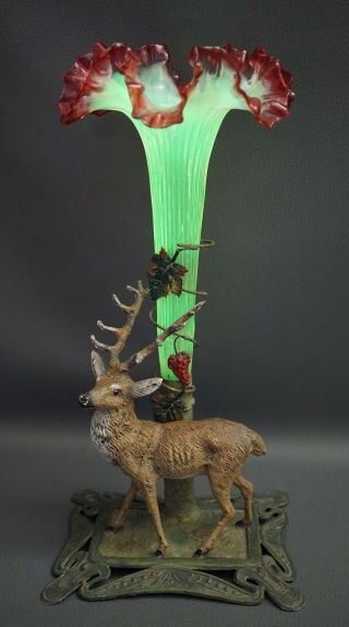 Victorian Art Nouveau Vaseline Glass Flute Vase Epergne Cold Painted Pewter Deer