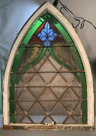 Lg Antique 19thc Victorian Arch Stained Stencil Leaded Glass Old Salvage Window