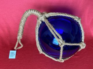 10” Cobalt Blue Glass Fishing Float With Rope Net Nautical Decor Beach