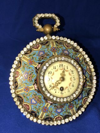 Antique French Champleve Enamel Gilt Bronze Table Clock Pocket Watch Paste Jewel