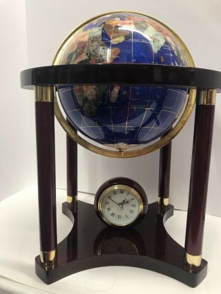 Lapis Gemstone Globe Pearl Handcrafted Gemstones Wood Stand Alarm Clock 17” Tall