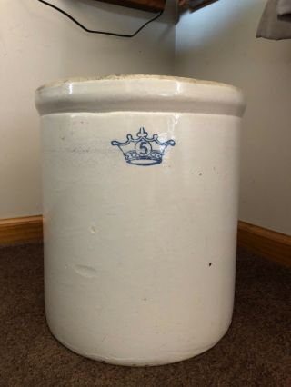 Vintage 5 Five Gallon Stoneware Crock Cobalt Blue Crown Ransbottom Pottery