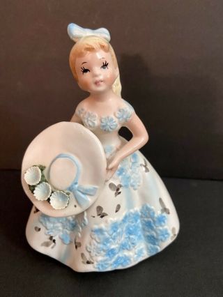 Vintage Lefton Porcelain Figurine Blonde Hair Girl Blue Flowers 2353 Japan