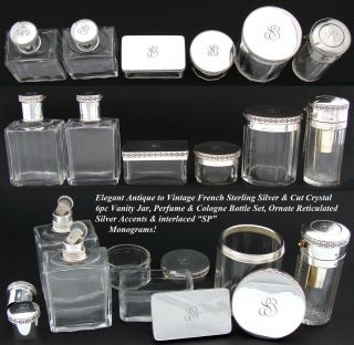 Antique French Sterling Silver & Cut Glass 6pc Vanity Jar,  Perfume Bottle Set 2