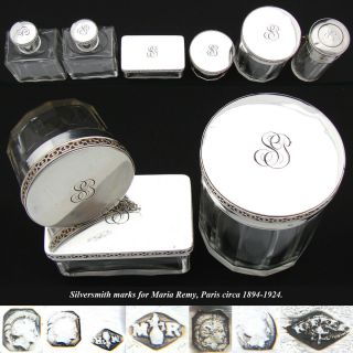 Antique French Sterling Silver & Cut Glass 6pc Vanity Jar,  Perfume Bottle Set 3