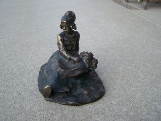 Bronze Sculpture Of Dutch Girl With Flowers By Ruth Miller Paris Foundry Marks