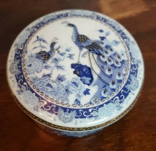 Vintage Imari Japan Trinket Dish With Lid Blue White And Gold Peacocks
